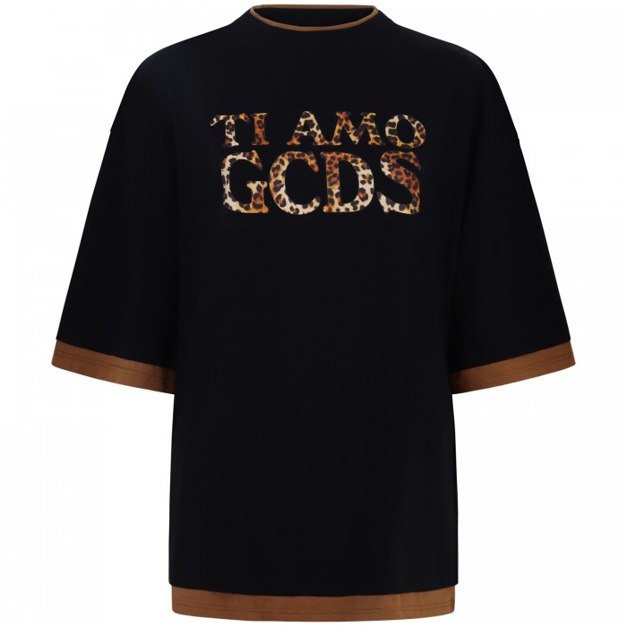 T-shirt nera con logo maculato per donna