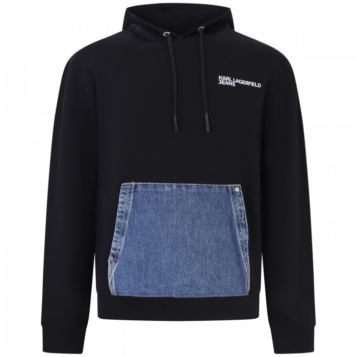 Felpa nera con patch in denim per uomo